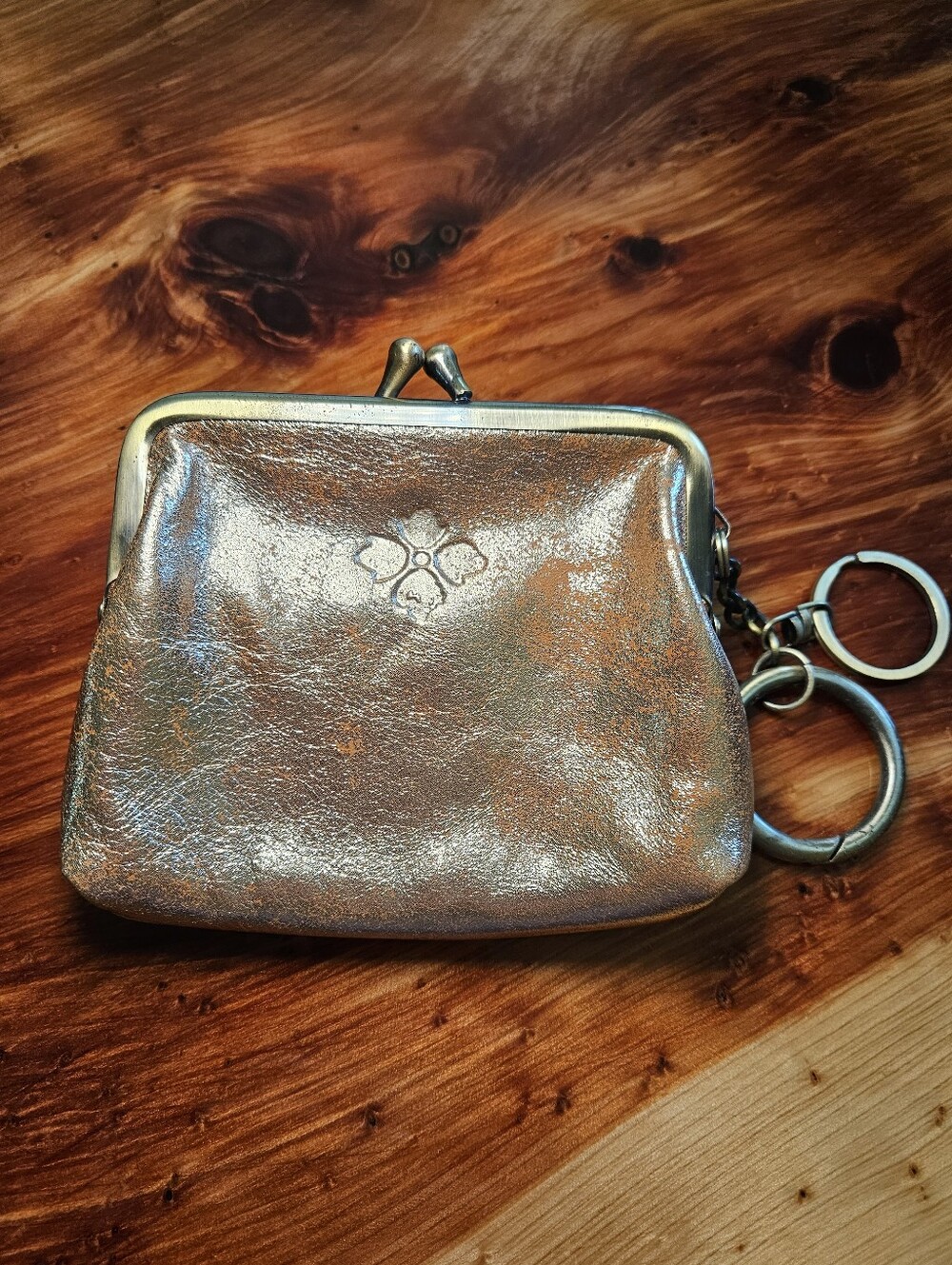 Patricia Nash Metallic Leather Kiss Lock Coin Purse Keychain Wallet Bronze Gold